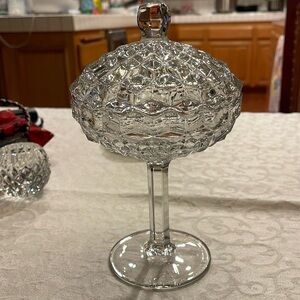 American Fostoria Clear Glass Pedestal Compote With Lid/ Candy Dish 9” tall
